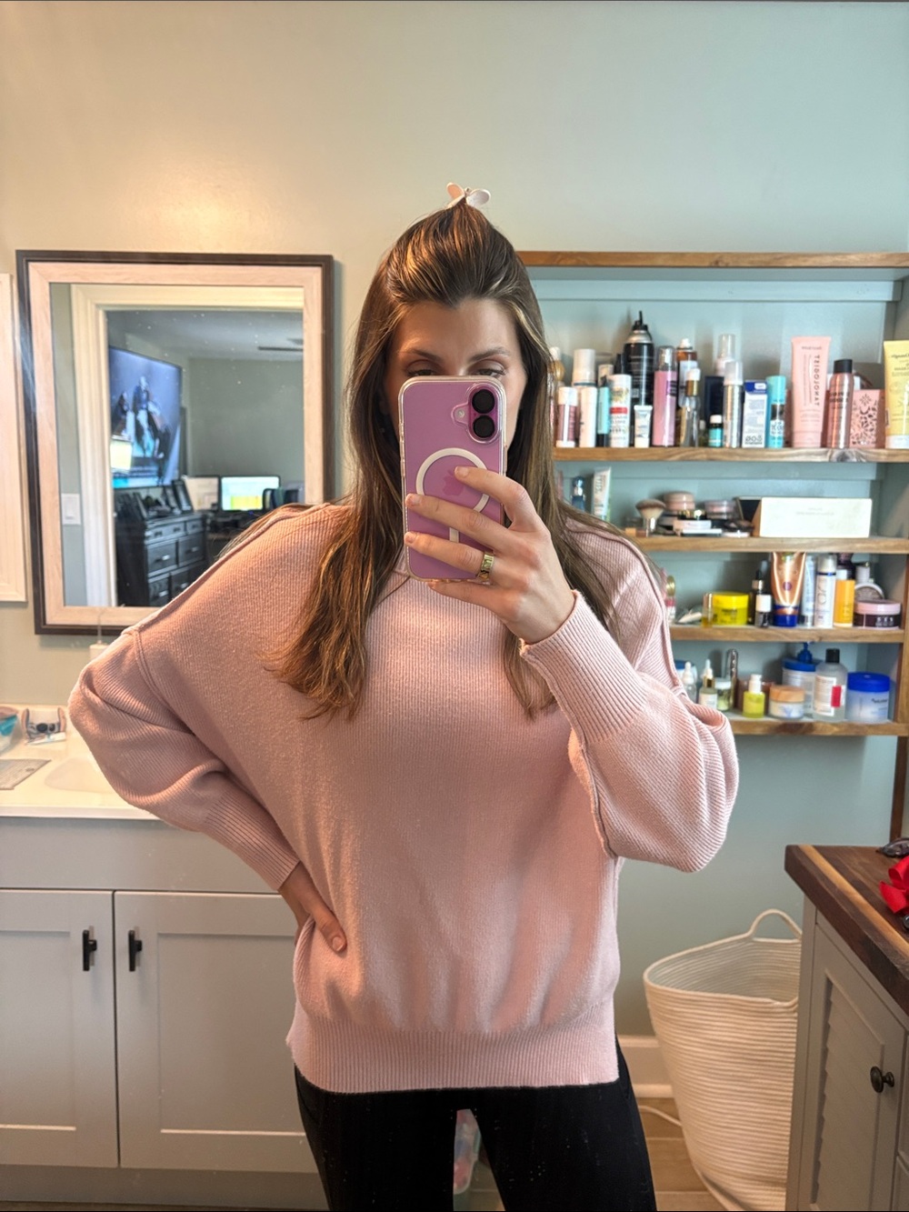ZESICA Relaxed Crewneck Sweater in Soft Pink